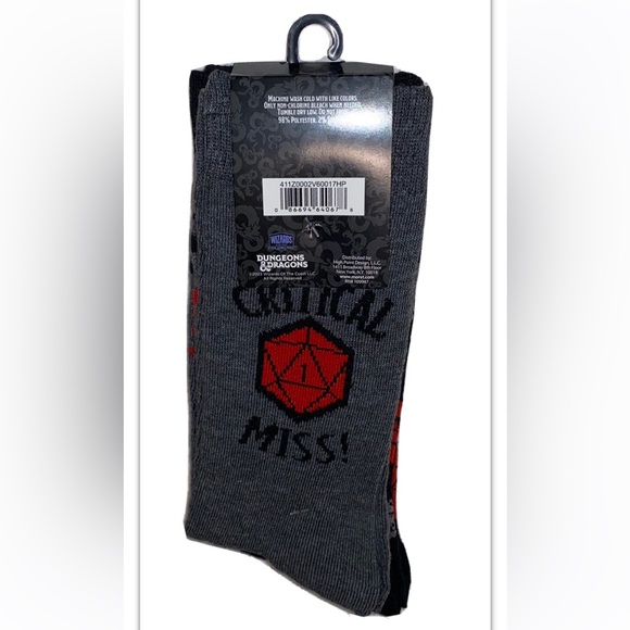 Dungeons & Dragons Crew Socks 2 Pair Men 6.5-12 Black Gray Red D&D Critical Miss - Picture 2 of 9